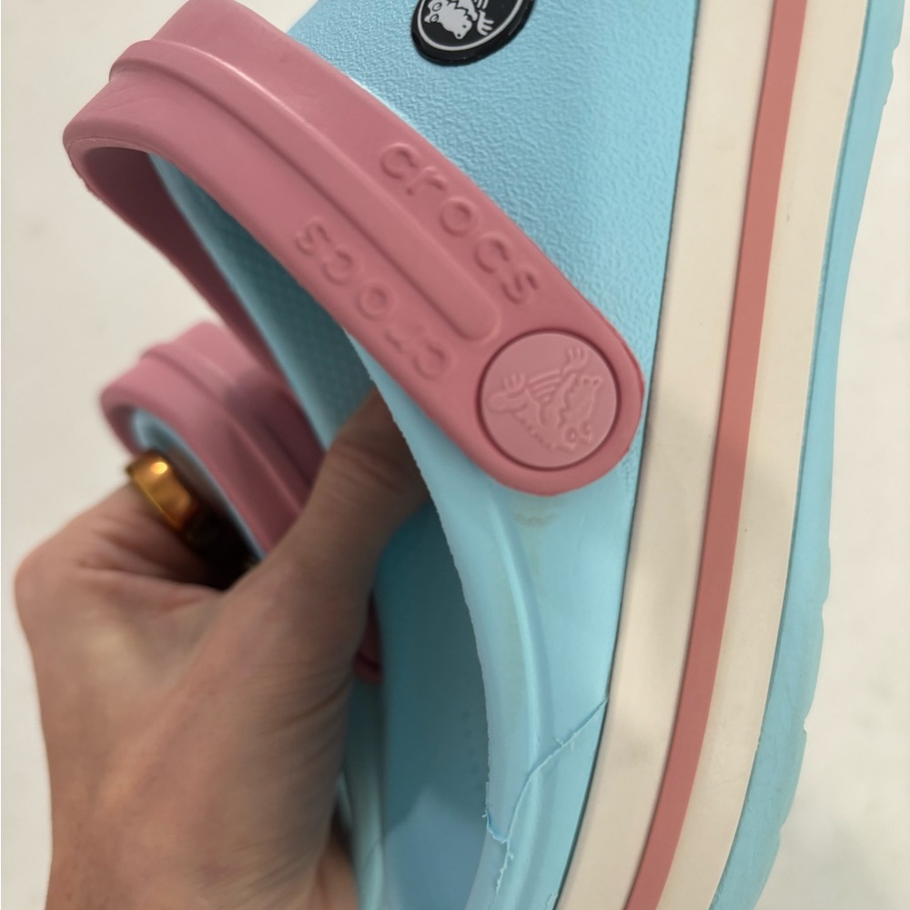 CROCS Kids Aqua Blue Pink Strap Clog Water Shoes - Picture 5 of 13